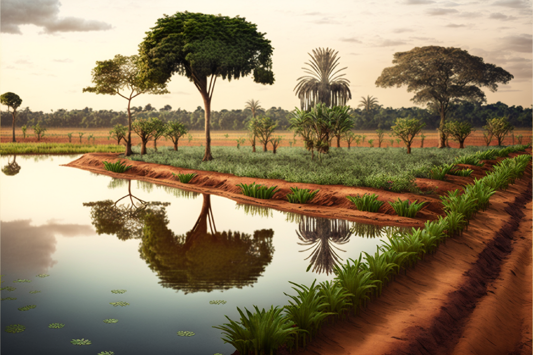 photorealistic landscape of central african agroecology featuring trees, farms, and water